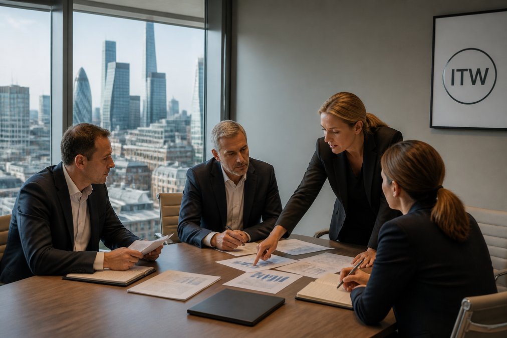 A group of finance professionals in a modern boardroom reviewing documents and charts on a large screen, with a city skyline visible through the window