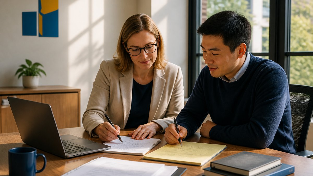 An instructional designer and a faculty member reviewing course analytics and learner feedback notes together at a desk, laptop open to an LMS dashboard, soft afternoon light through a window