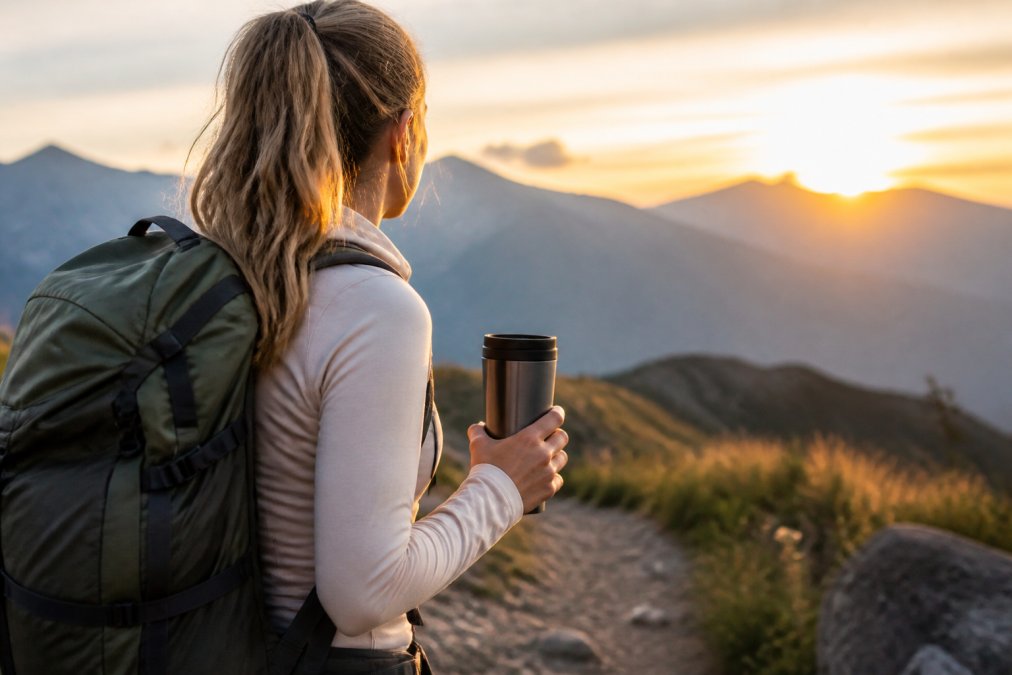 Person holding an insulated mug while hiking on a scenic mountain trail at sunrise, backpack visible, showing the mug's portability and real-world outdoor use in natural lighting