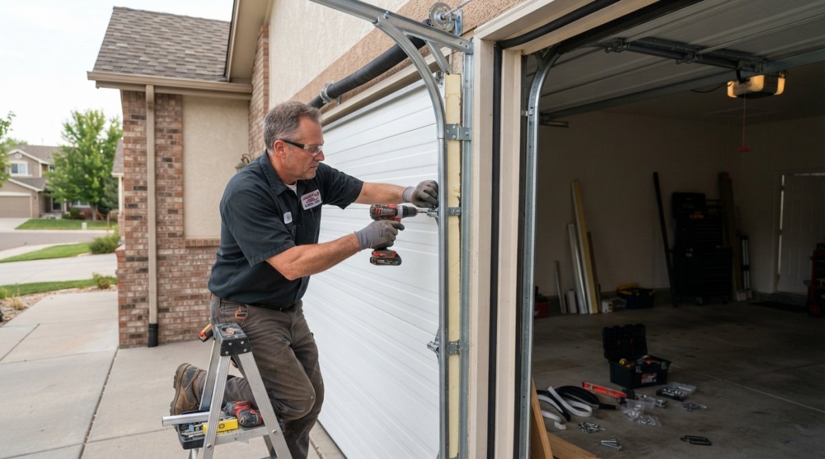 Technician installing panels for insulated garage doors with new weatherstripping in a residential home frame.