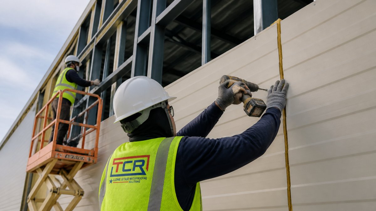 Installation crew fastening insulated metal wall panels to structural framing on a large commercial industrial building, showing workers with power tools securing panels and sealing joints in daylight