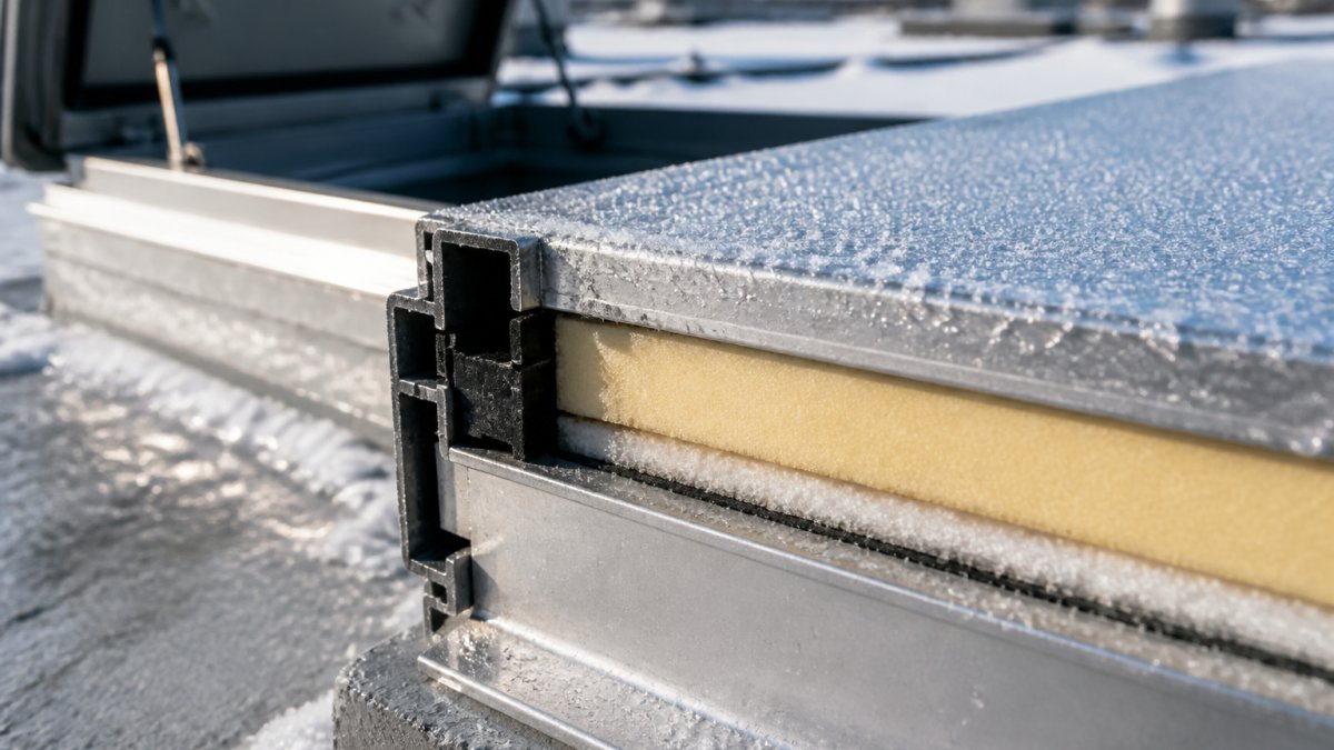 Close-up of an insulated roof hatch frame showing thermal break material and insulation layers, with frost visible on the exterior metal surface in winter conditions
