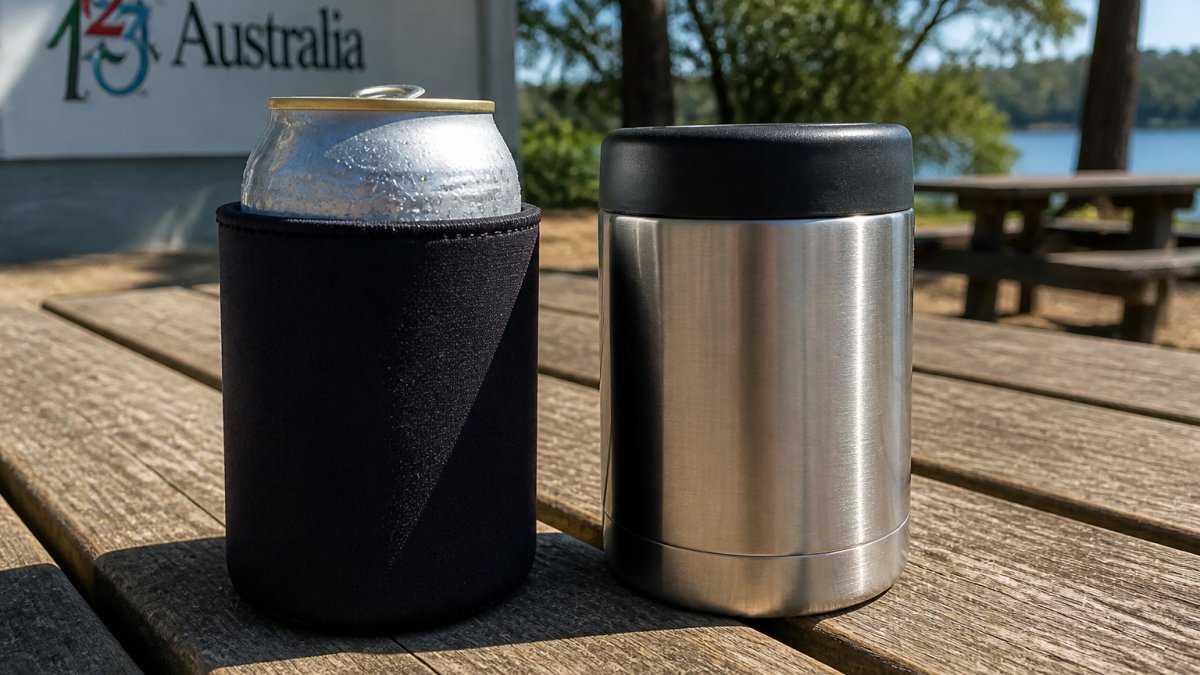 Close-up of neoprene stubby holder holding a condensation-covered beer can alongside a stainless steel insulated cooler on a weathered wooden picnic table in bright afternoon sunlight, showing the contrast between the two materials