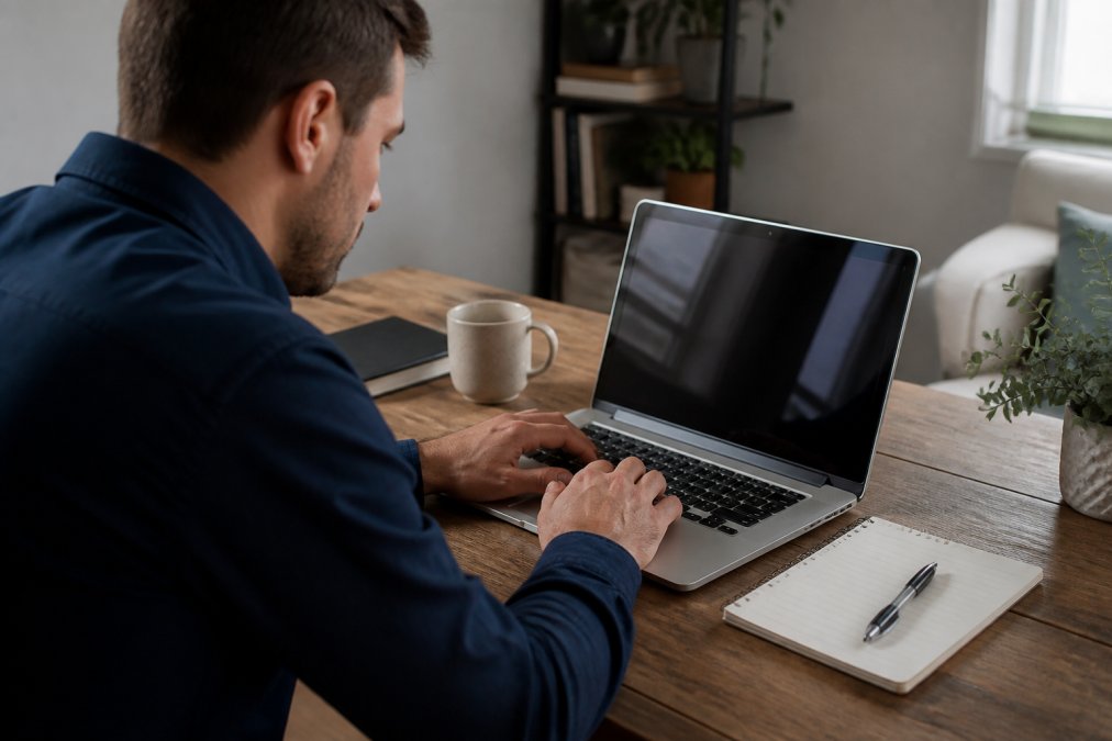 A person sitting at a desk with a laptop, reviewing the Texas Department of Insurance website on screen, with a notepad and pen nearby, in a home office setting