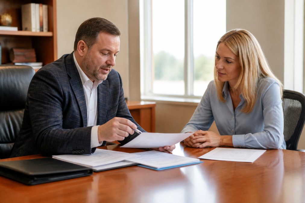 Professional meeting with business owner at desk reviewing insurance policy documents and discussing coverage options, natural office lighting