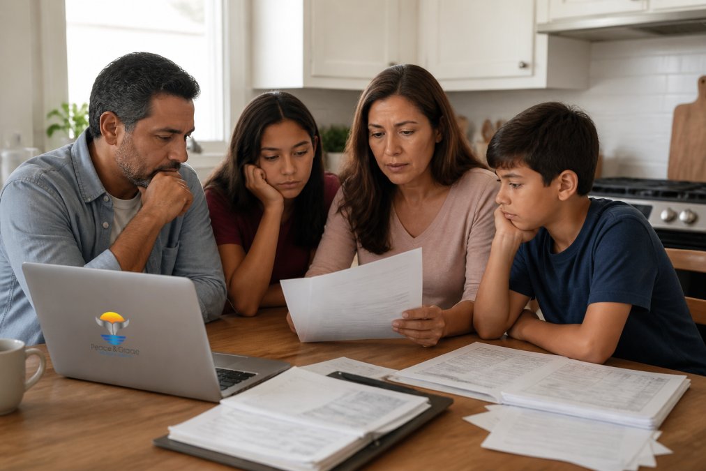 A worried but hopeful family of four sitting around a kitchen table reviewing insurance paperwork and a laptop, warm natural lighting suggesting a comfortable home setting