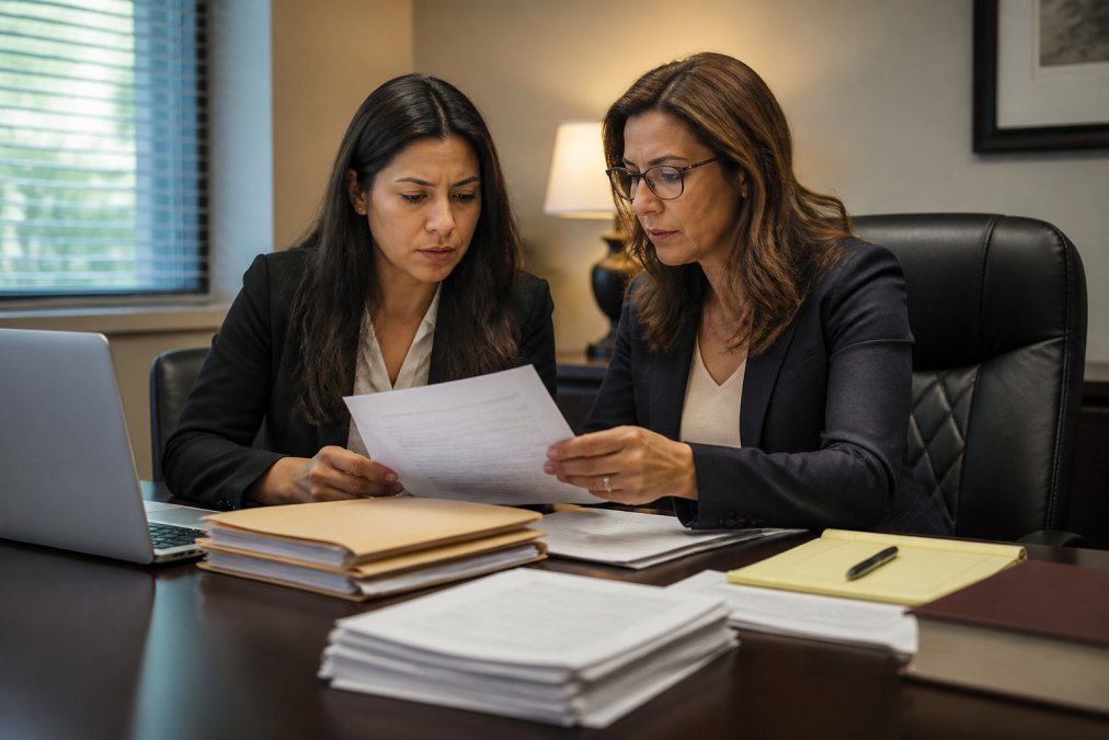 Professional organizing insurance documents, claim letters, and medical records on a desk with laptop and notepad visible in natural office lighting