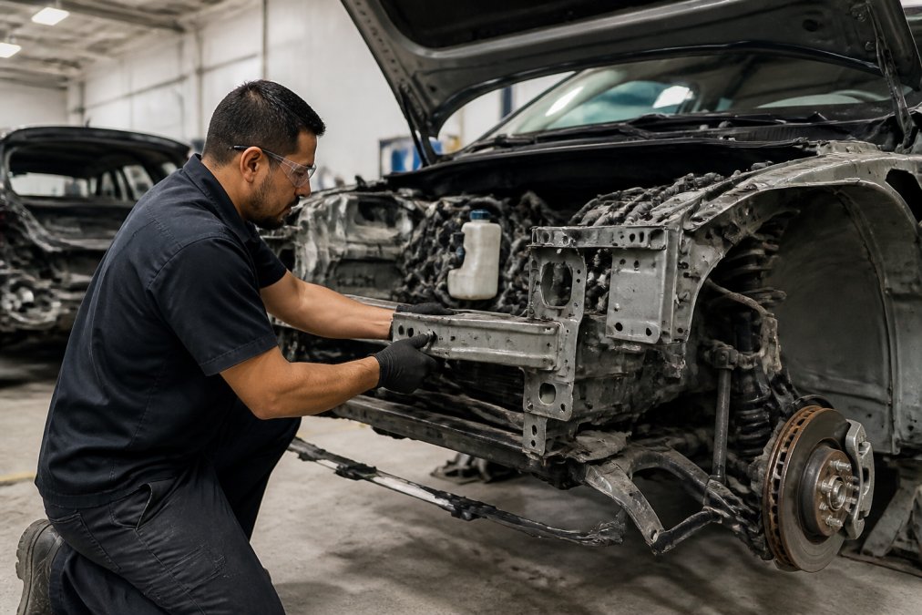 Technician disassembling a damaged car for a collision repair insurance claim in a modern body shop