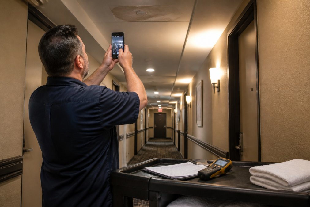 Maintenance manager photographing ceiling water damage for insurance claims support documentation