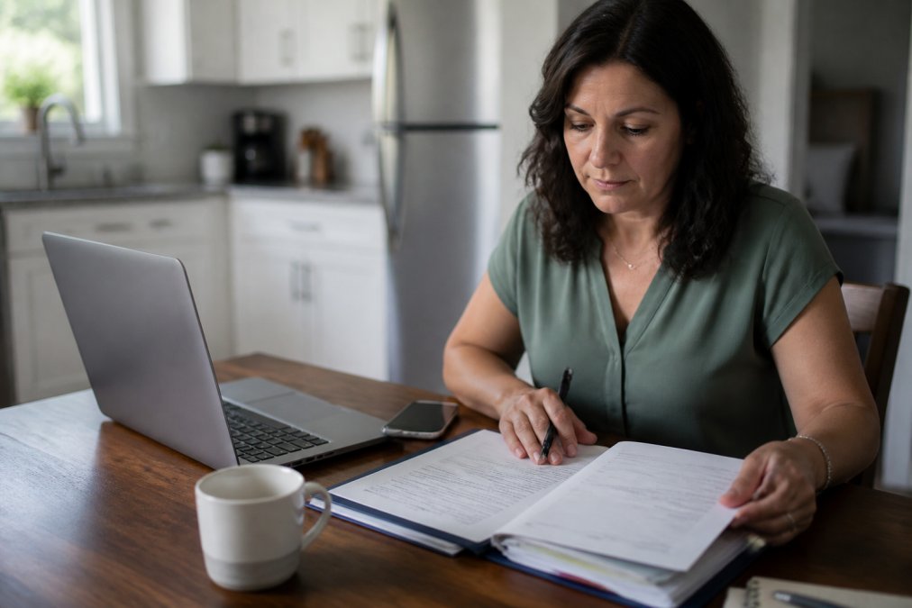 A policyholder sitting at a kitchen table with a laptop, phone, and a folder of insurance documents, calmly reviewing a claim while an independent agent speaks on speakerphone