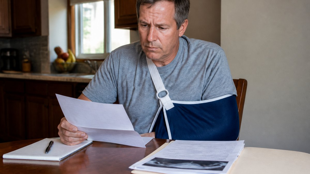A person at a kitchen table reading a formal insurance denial letter, with a pen, notepad, and a folder of medical documents spread out beside them