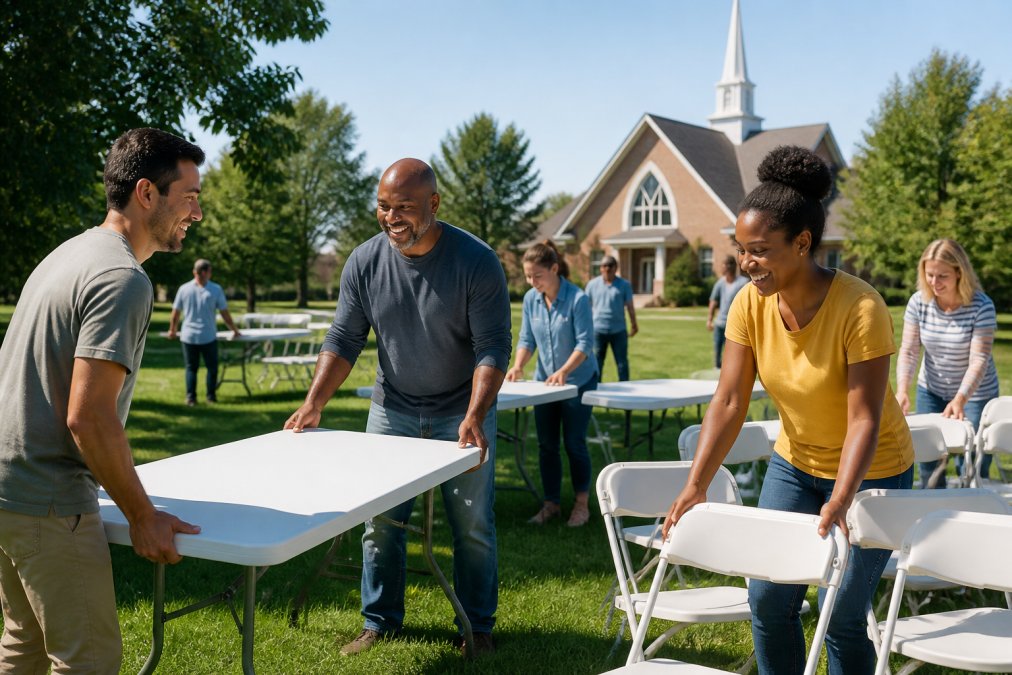 A diverse group of church volunteers in casual clothes setting up folding tables and chairs on a sunny lawn for an outdoor community event, with a church building visible in the background