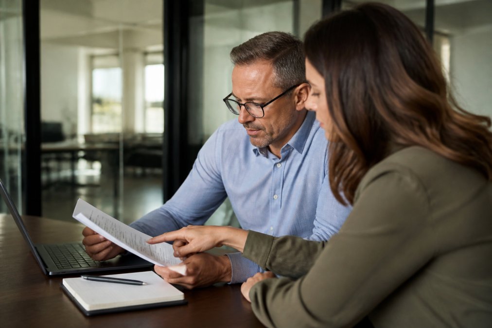 A business owner reviewing insurance documents on a laptop while an advisor points at a digital map showing multiple store locations across the screen, warm office lighting