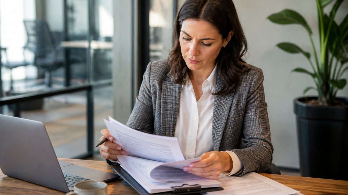 Consultant reviewing insurance for small consulting firms policy documents at a desk in a bright office