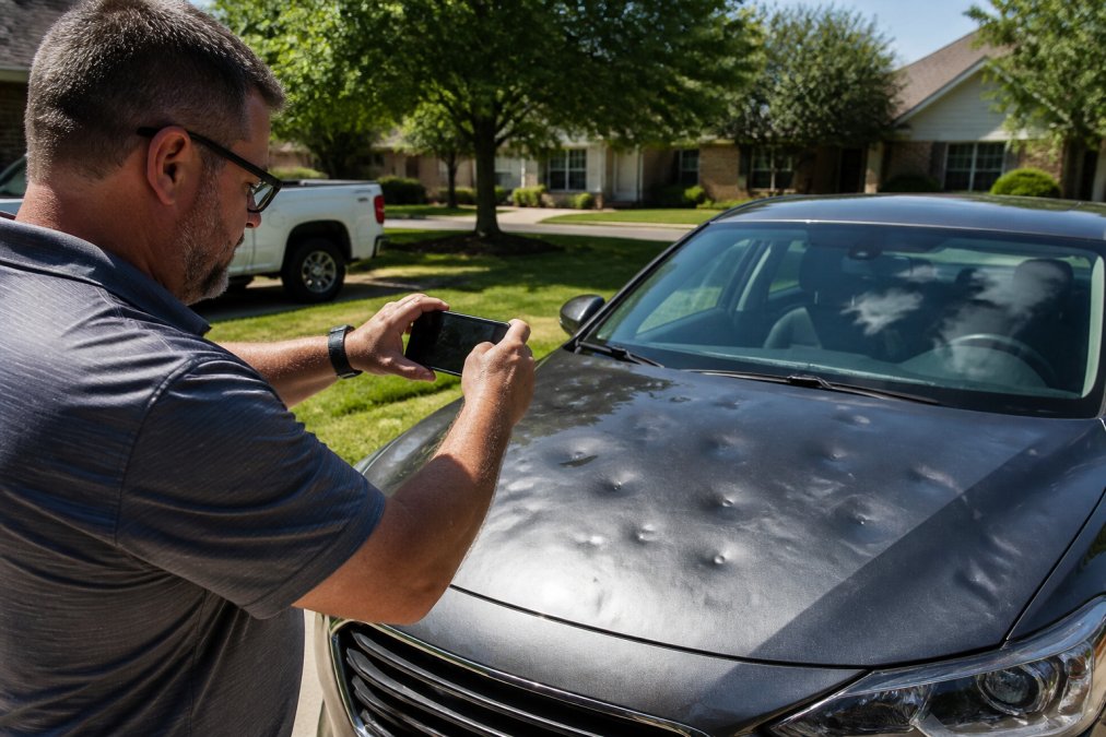 A car owner standing next to their hail-damaged vehicle in a Dallas driveway, holding a smartphone and photographing dents on the hood in bright daylight