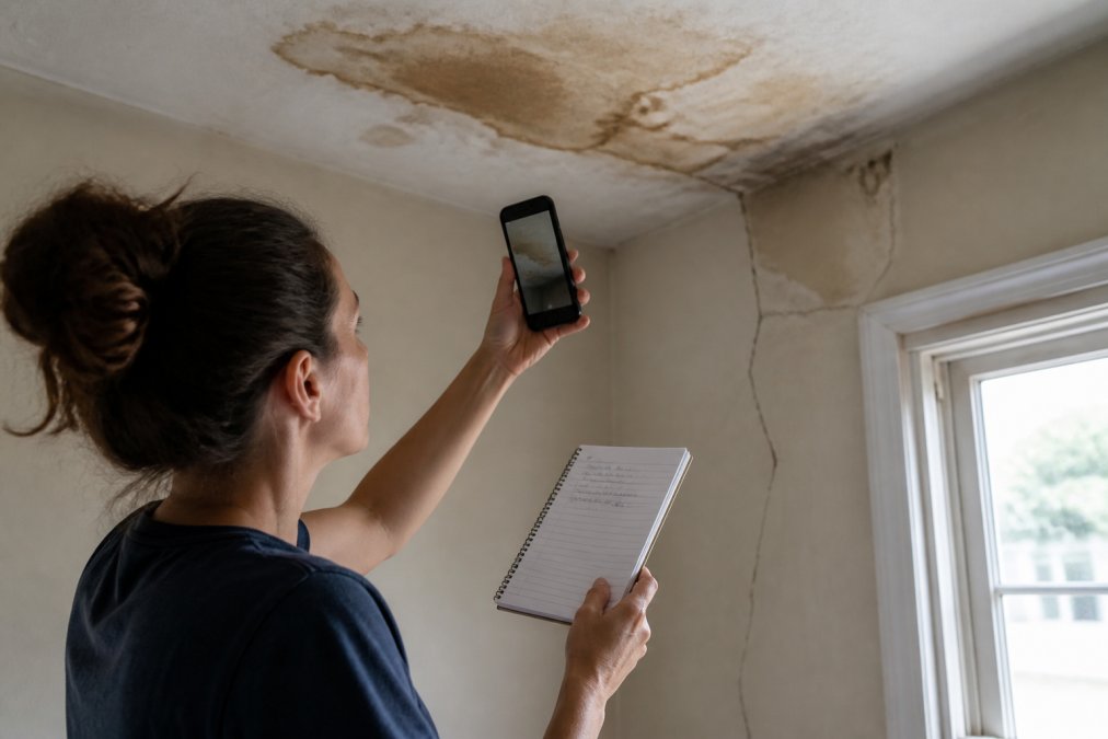 A homeowner photographing a water-stained ceiling and cracked walls with a smartphone while holding a notepad with handwritten dates and damage notes, natural daylight through a window