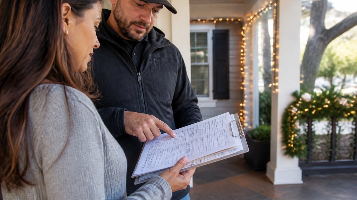 A homeowner and a holiday lighting contractor reviewing insurance documents and a clipboard together on a front porch, with string lights visible in the background