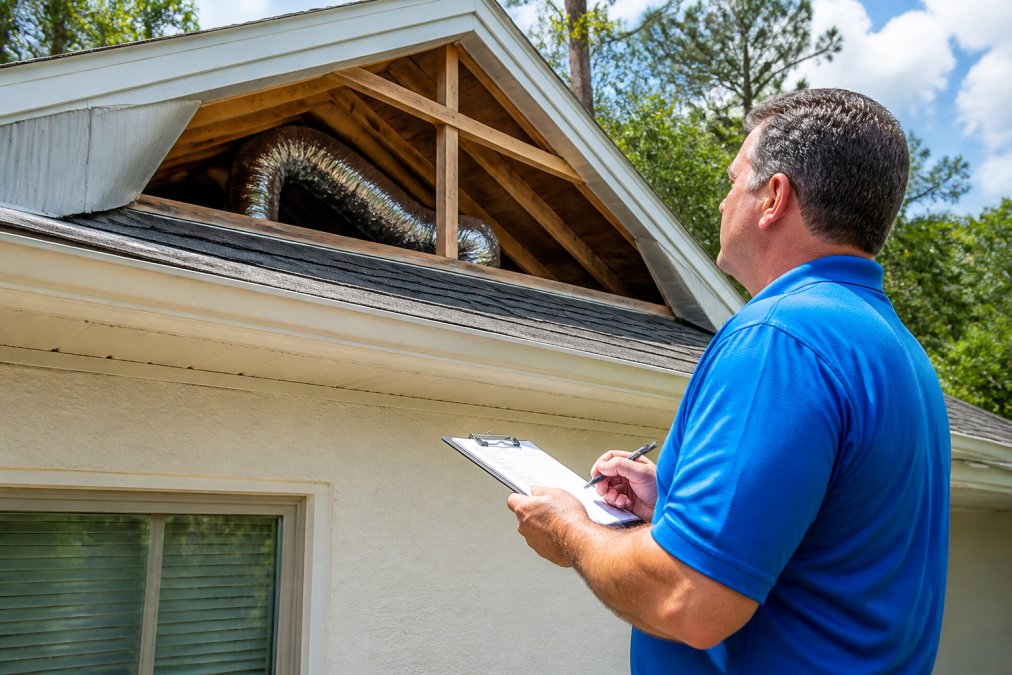 A professional home inspector in a bright polo shirt examining a residential roof and attic trusses with a clipboard in hand on a sunny day