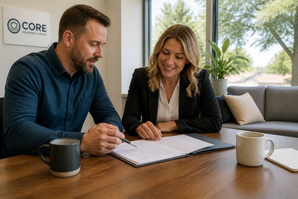 A business owner and a local insurance agent reviewing policy documents together at a desk in a bright Eugene office, with a laptop and coffee cups visible
