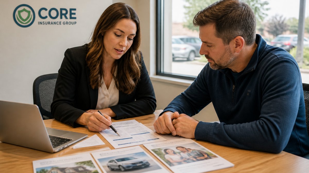 Two people sitting across a desk reviewing insurance paperwork together in a bright local office, with a laptop and printed policy documents between them