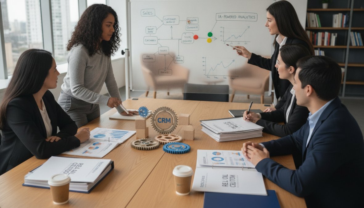 Equipo de ventas de cuatro personas colaborando alrededor de una mesa en una oficina moderna con luz natural, revisando métricas en pantallas duales mientras señalan gráficos de rendimiento en un CRM