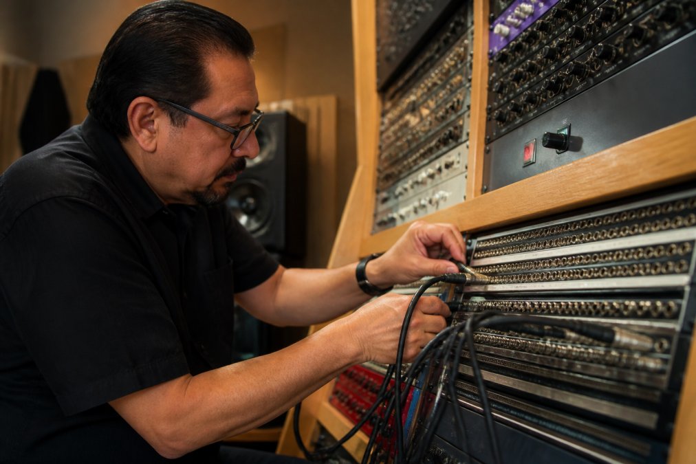 Professional audio engineer connecting balanced XLR cables to outboard mastering gear in a studio patch bay with organized cable management and labeled insert paths