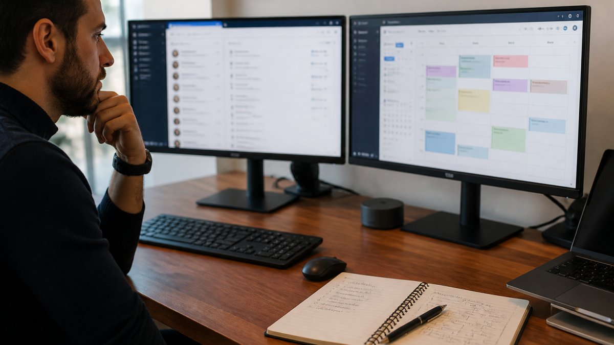 Professional at desk reviewing CRM and scheduling software on dual monitors with notebook showing integration notes nearby