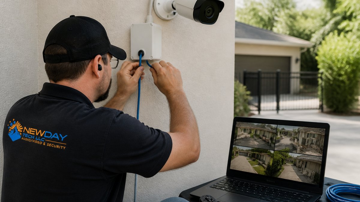Professional technician connecting network cables and mounting an IP camera on an exterior building wall, with a laptop displaying live camera feeds in the background