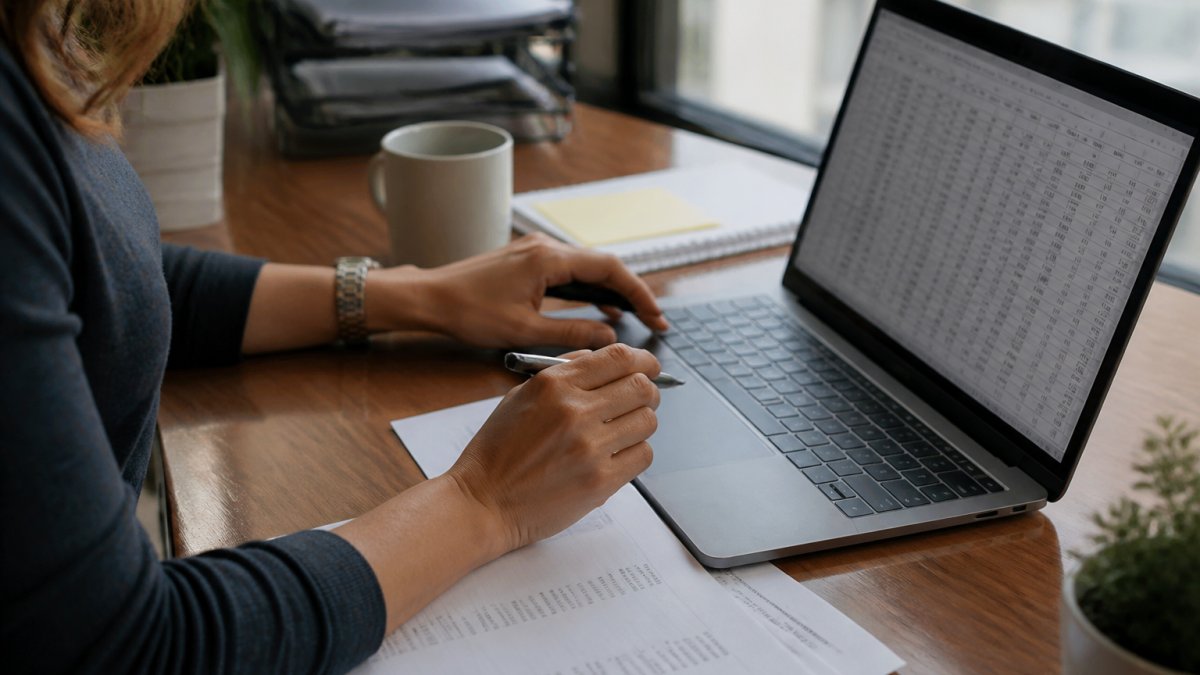 Professional reviewing payroll data on computer screen with accounting records visible, checking for data accuracy and synchronization in modern office setting with natural lighting