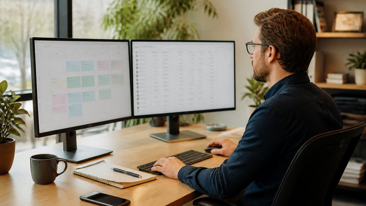 Professional demonstrating integrating HubSpot with custom scheduling tools technique in modern office setting with dual monitors displaying calendar and contact records
