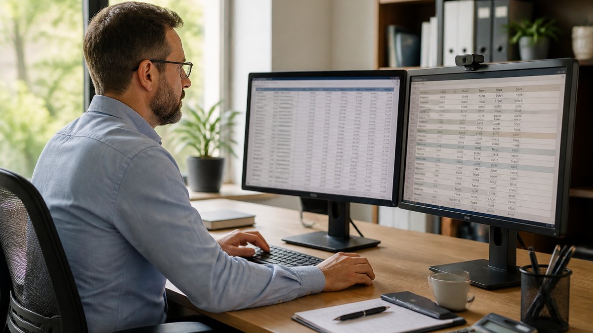 Accountant reviewing transaction data to integrate payment processing accounting on dual monitors