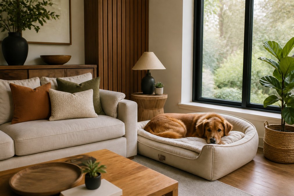 Dog resting on a neutral bed as part of modern pet furniture decor in a sunlit living room with wood accents.