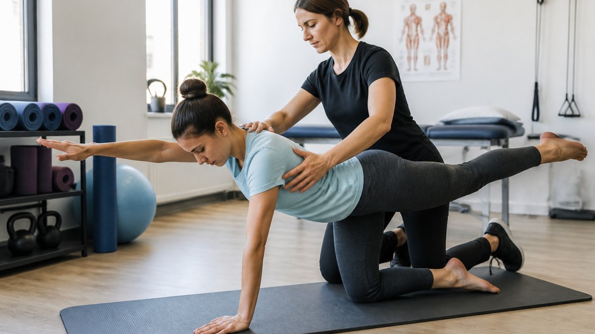 Physical therapist guiding a patient through therapeutic movement and alignment exercises in a clinical setting