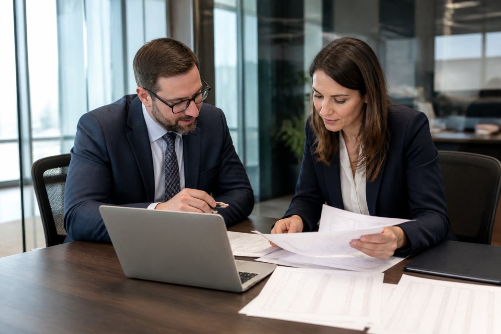 CPA and tax attorney collaborating on financial statements for an integrated accounting workflow process