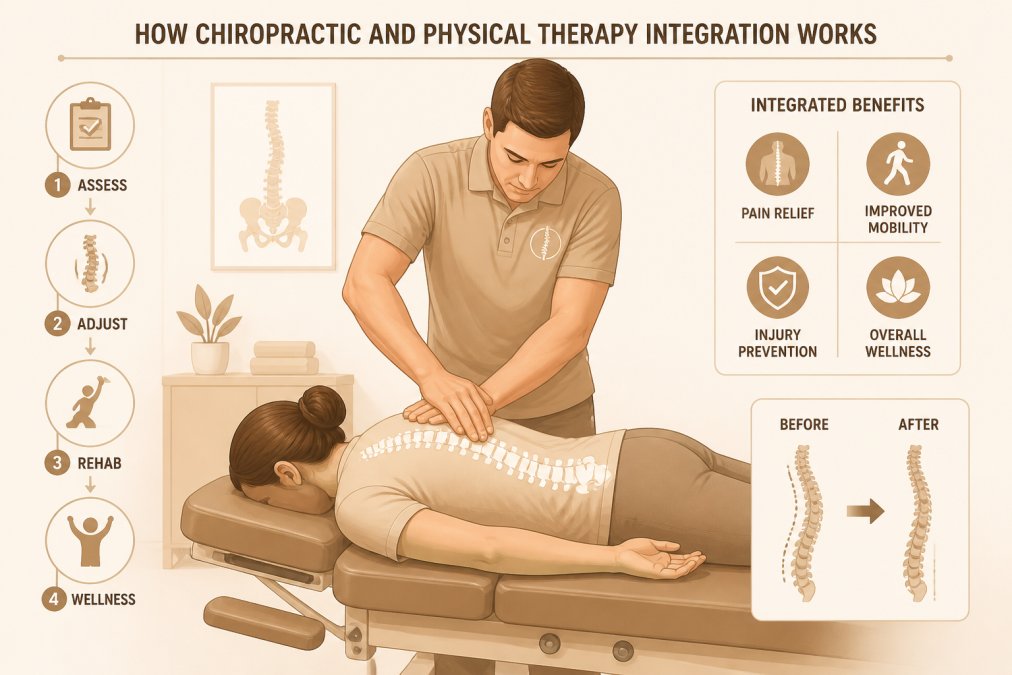 Chiropractor performing spinal adjustment on patient lying on treatment table in clinical setting, hands positioned on mid-spine with proper alignment, natural clinic lighting