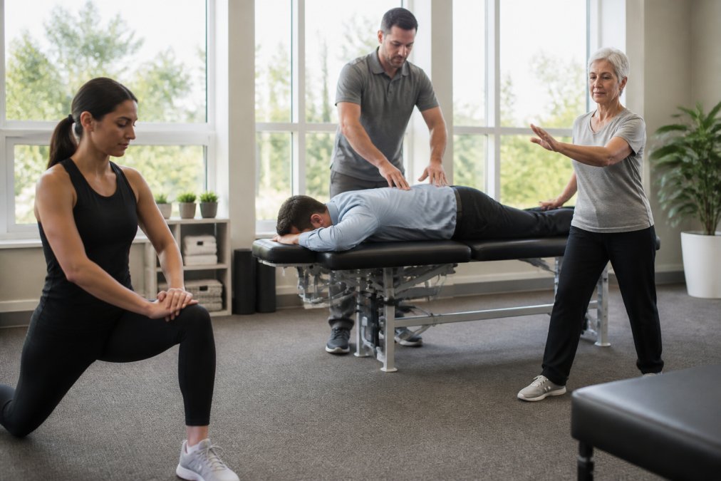 Diverse group in wellness clinic including athlete stretching, office worker receiving treatment, and older adult doing gentle movement, modern bright clinical space with natural lighting