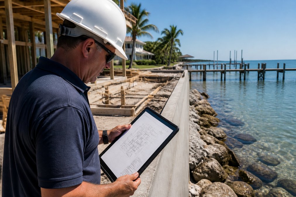 Civil engineer using integrated engineering software on a tablet at a sunny coastal construction site.