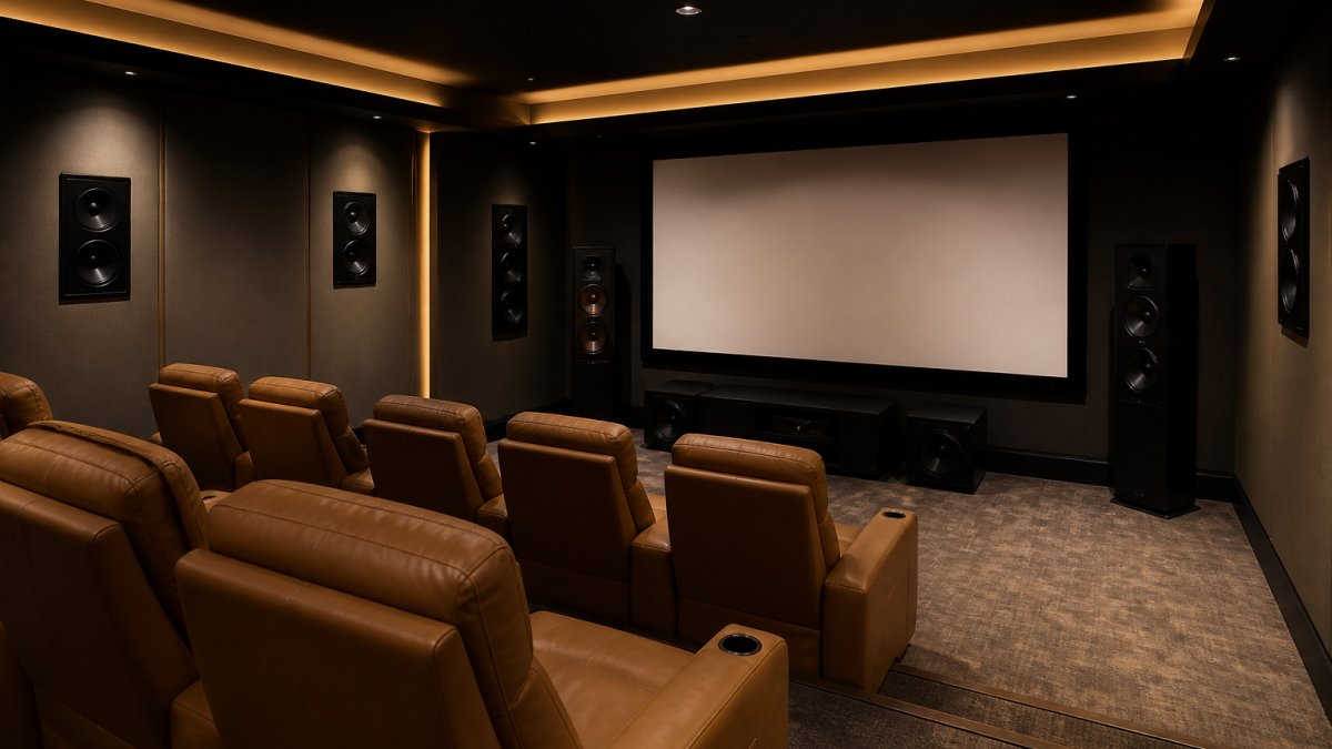 Luxury home theater room featuring a large projection screen, power reclining seating arranged in tiered rows, visible surround speakers mounted at ear level, and warm ambient lighting creating an immersive cinematic environment