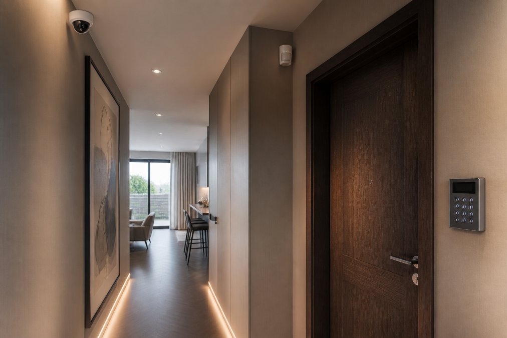 Modern residential hallway featuring discreetly installed security cameras mounted on ceiling corners, electronic access control keypad beside the door frame, motion sensor in the upper corner, and subtle LED lighting strips along the floor, demonstrating professional integrated security installation