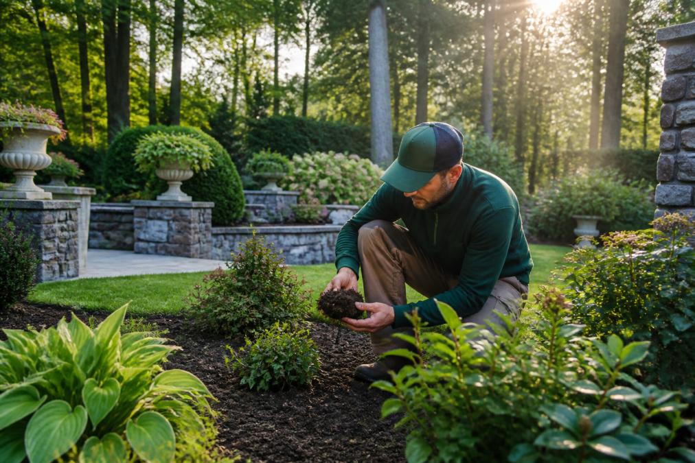 Professional landscaper examining soil and specimen plants in well-maintained estate garden with morning light filtering through mature trees