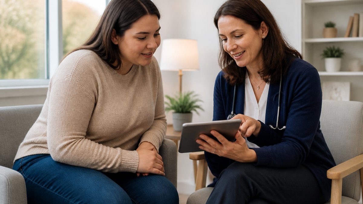 Patient sitting in consultation with healthcare provider in modern clinic room with natural window lighting, both reviewing health information on a tablet together