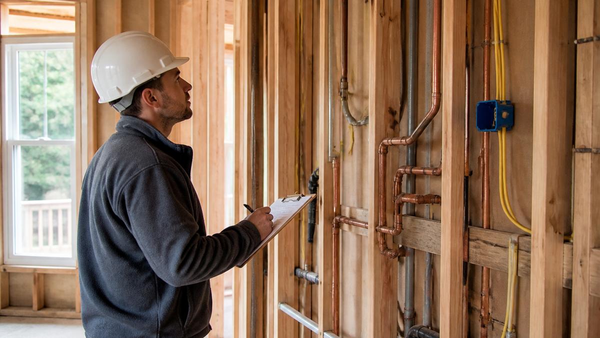 A contractor in a hard hat and work clothes inspecting exposed copper supply lines and electrical conduit inside an open wall frame of a home under renovation, clipboard in hand, natural daylight from an adjacent window