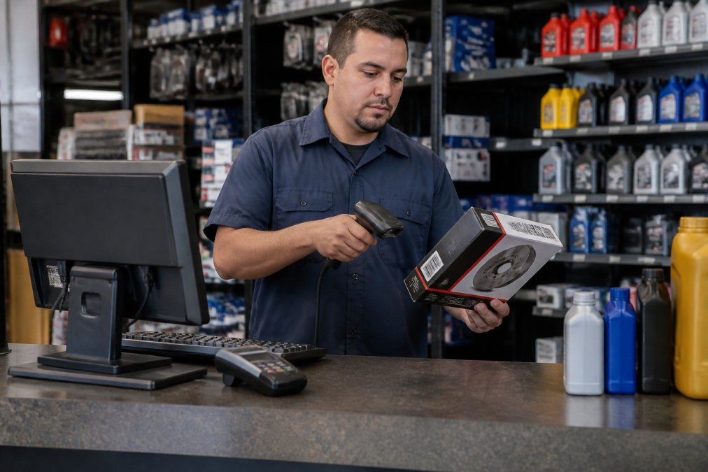 A counter salesperson in an auto parts store scanning a barcode on a brake rotor box, with a POS terminal displaying customer pricing in the foreground