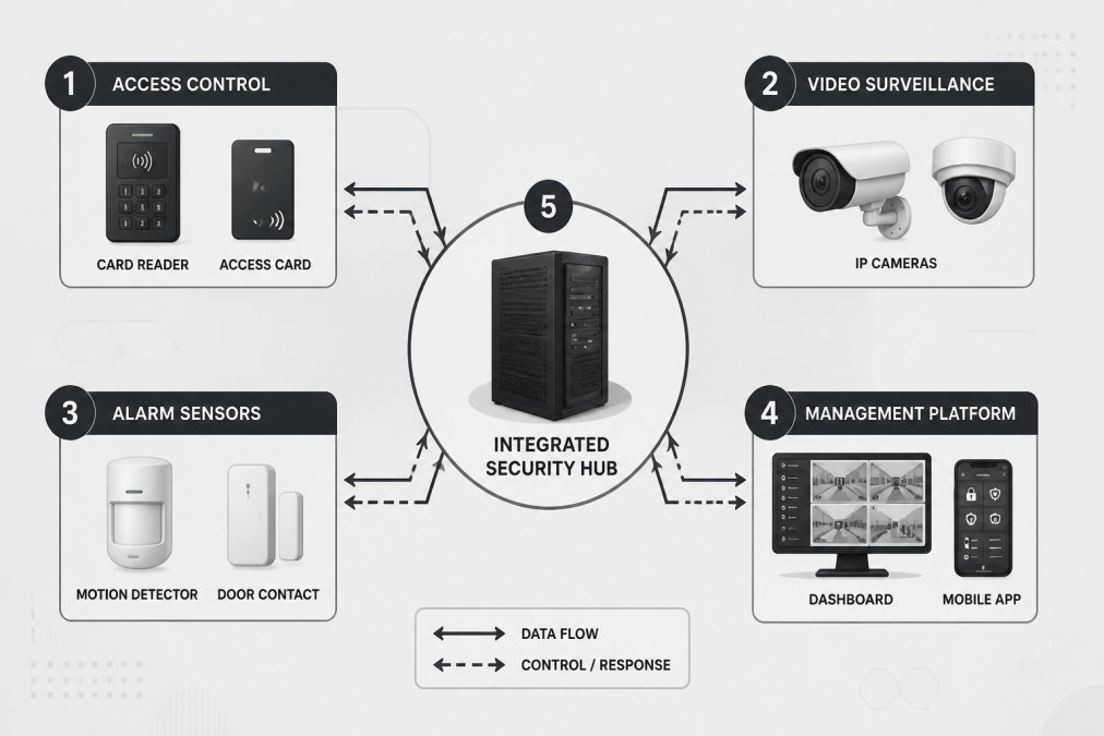 Flowchart diagram showing how access control systems, video surveillance cameras, alarm sensors, and centralized management platform connect bidirectionally with data flow arrows, including icons for card readers, IP cameras, motion detectors, and a central server labeled "Integrated Security Hub"