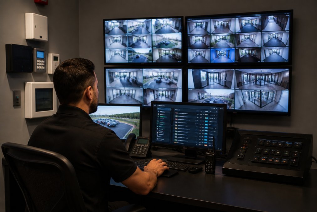 Security control room with multiple monitors displaying live video feeds from different office areas, access control panels showing real-time status indicators, and alert notifications on screens in a modern building's security operations center