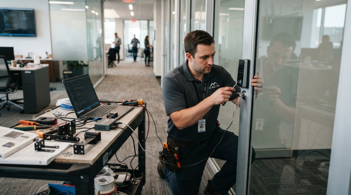 Security technician in uniform installing biometric access control hardware on a glass office door, with tools, mounting brackets, and configuration equipment visible on a nearby workbench