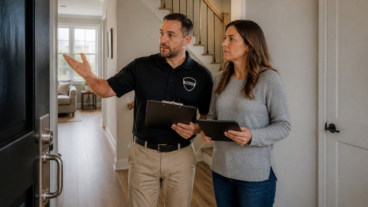 Security consultant and homeowner planning an integrated security system for a home layout