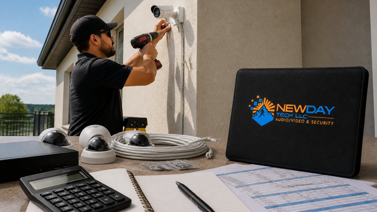 Professional technician installing a security camera on exterior residential wall with mounting bracket and cable management visible, using power drill in natural daylight