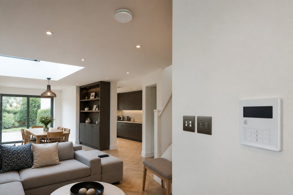 Modern living space showcasing integrated smart home design with discreet lighting, climate sensors and security panels.