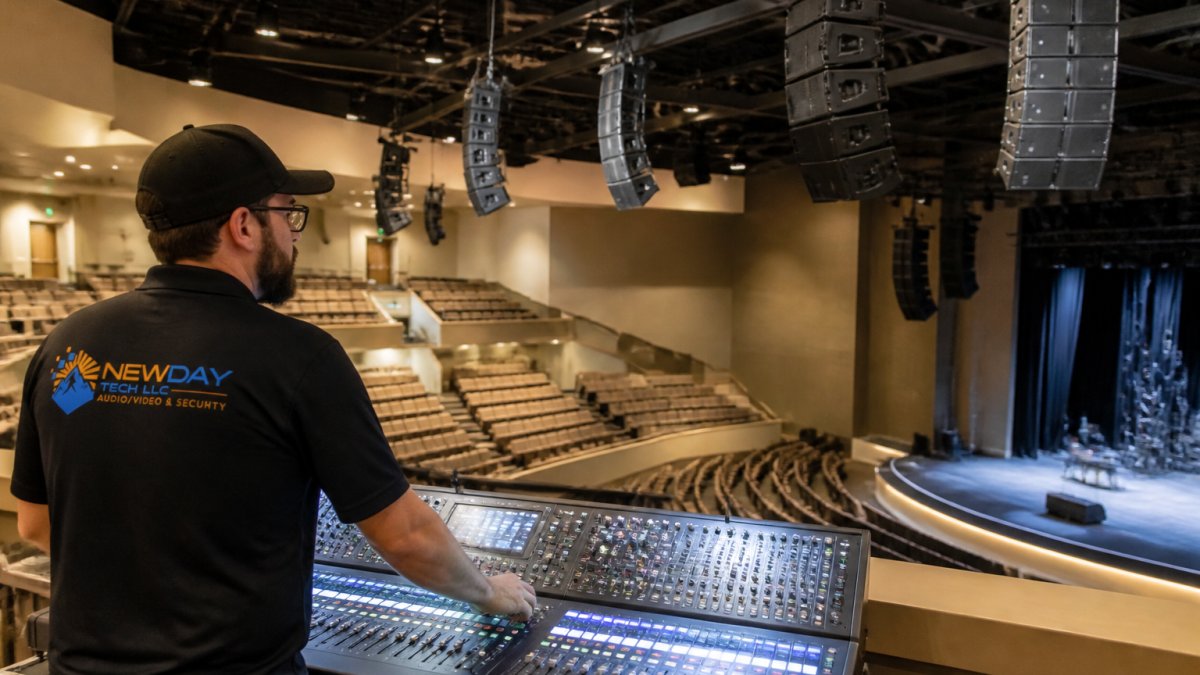 Professional audio engineer examining large venue equipped with multiple line array speakers mounted from ceiling, distributed speaker clusters throughout seating area, and mixing console in control booth overlooking audience space